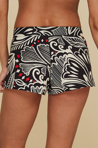 Back pose #1 of Miyajima in Bahama Board Shorts paired with matching Bikini Top