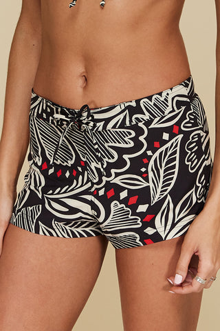 Quarter pose #1 of Miyajima in Bahama Board Shorts paired with matching Bikini Top